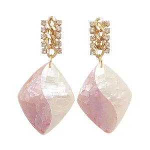 Hathor pink and white mosaic diamond shaped shell and gold rhinestone clip on statement earrings