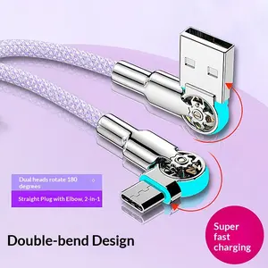 Dual Bend Head Rotating Type-C Super Fast Charging Data Cable for Apple Huawei Honor Vivo Android Phones, High-Speed USB Charger Wire