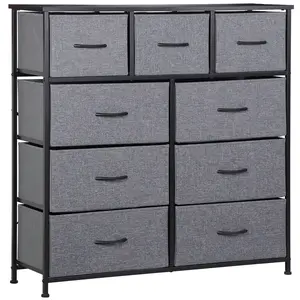 Segawe 9 Drawer Dresser, Fabric Storage Tower for Bedroom, Tall Chest Organizer Unit for Hallway, Entryway, Closet, Steel Frame, Wood Top Black Grey