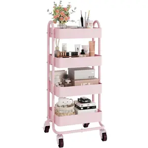 4-Tier  Rolling Cart,Metal Utility Rolling Cart with Handle,Multifunction Rolling Carts with Wheels,Kitchen Storage Carts Suitable for Office,,Kitchen,Garden(13.4"x18.1"x40")