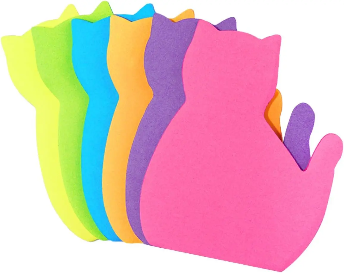 Cat Sticky Notes, 6-Pack Office Tape Flags with 6 Bright Colors, Cute Shape 1 Design for Cat Lovers