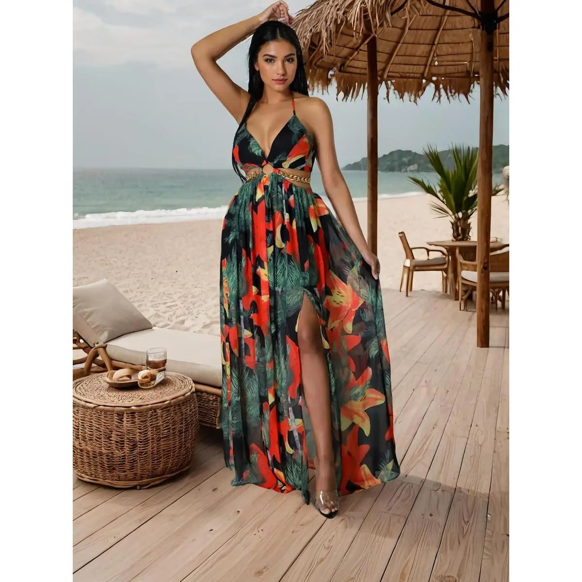 fitted lace wedding dress Split Long Maxi Dress Army Green / 3XL main image 0