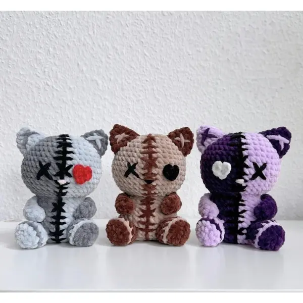 Spooky Kitty Crochet Pattern,  Halloween Amigurumi Crochet, Patched Up At With Heart And Cross Eye