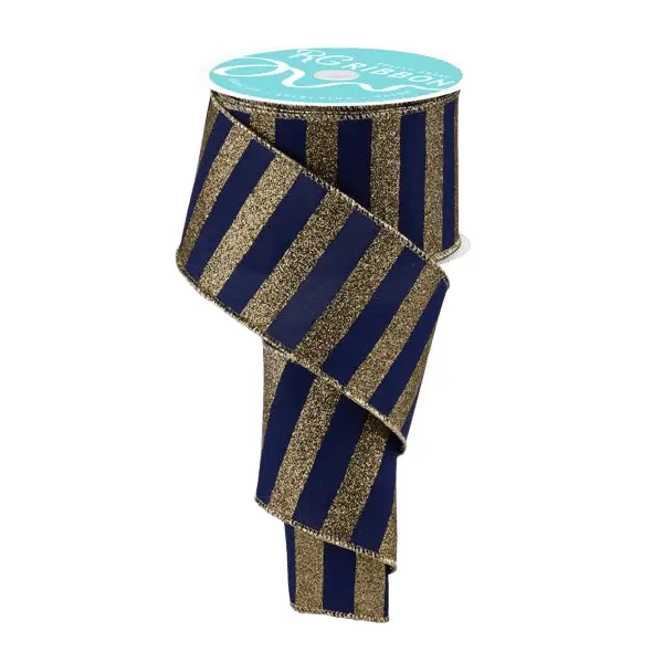 2.5" x 10yd Horizontal Glitter Stripes Ribbon – Navy Blue & Gold