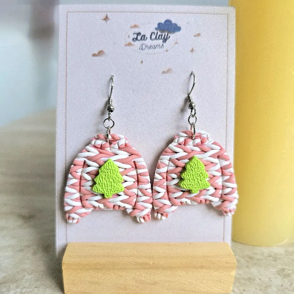 La Clay Dreams Handmade Polymerclay Earrings with Cute Christmas Pink and White Sweater and Pine Tree Design