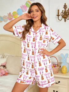 Women's Easter Bunny Bow Print Sleepwear Set, Two-Piece Lapel Button Top and Shorts, Casual Home Wear, Comfortable Short Sleeve, Pajama