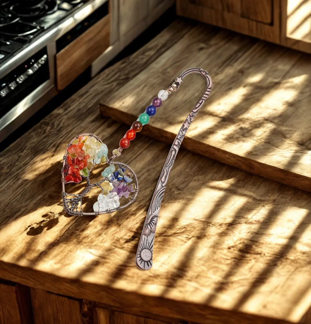 4.8 Inches Chakra Tree of Life Crystal Bookmark - 1 Bookmark with Lapis Lazuli, Amethyst, Tiger Eye, Red Jasper, Carnelian, Jade, Green Aventurine & Hook, Office Stationery Accessory for Energy Balance