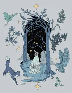 Witch Walk (Light Version) Art Print with Enchanting Forest Scene and Woodland Creatures