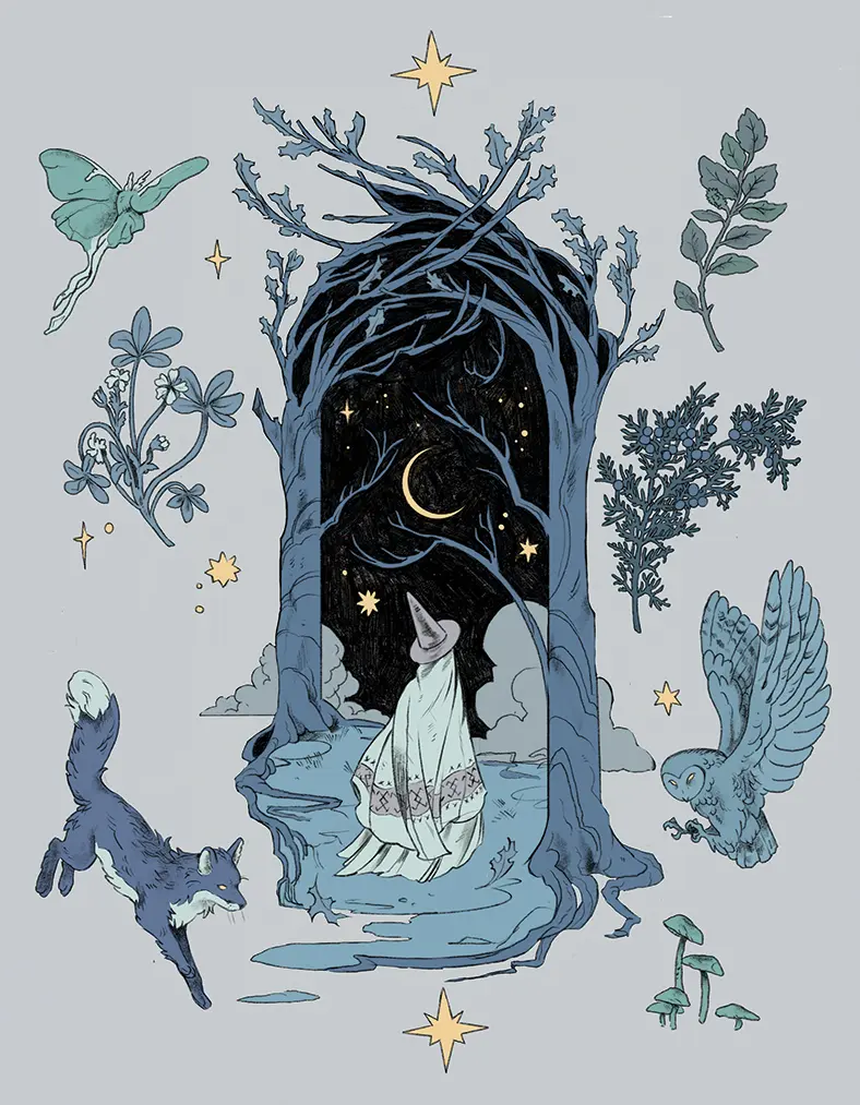 Witch Walk (Light Version) Art Print with Enchanting Forest Scene and Woodland Creatures