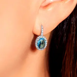 Sterling Silver Blue Color Gemstone Halo Huggie Earrings