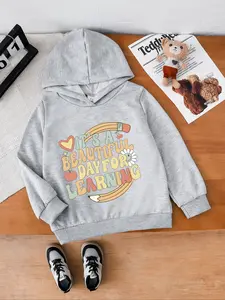 Girls Hooded Sweatshirt Beautiful Day Letter Print, Slight Stretch, Perfect for Fall & Winter, Ideal Back-To-School Gift