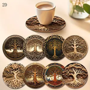 2D.8pcs Tree of Life Series Wooden Coasters, High Temperature Resistant, Suitable for Drinks, Tea and Coffee Cups, with Bright and Lively Colorful Picture Design, Suitable for Home and Restaurant Decoration, Essential for Holiday Gifts (3.93*3.93in)