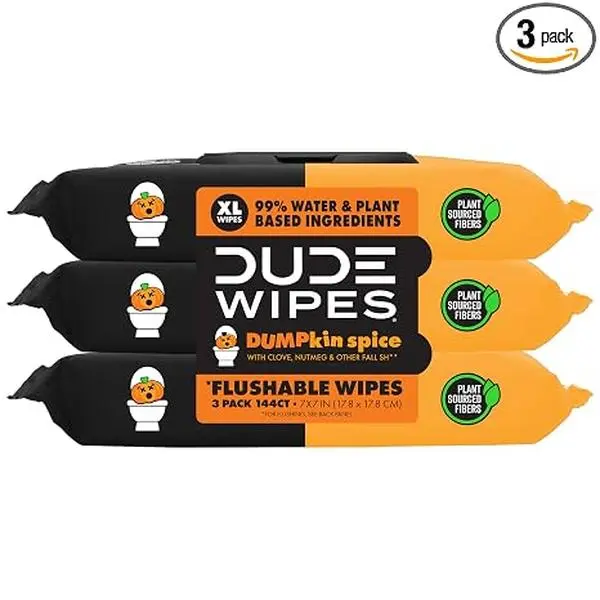 DUDE Dumpkin Spice XL Flushable Toilet Wipes, 99% Water, Extra Large, Septic Safe, Clove & Nutmeg Scent, 3 Packs (48 Count Each, 144 Total)