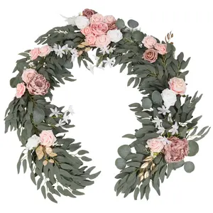 Pink Flower Garland,6ft Artificial Eucalyptus Garland with Flowers Wedding Vine for Table Wedding Backdrop Party Decorations Ornaments Orange