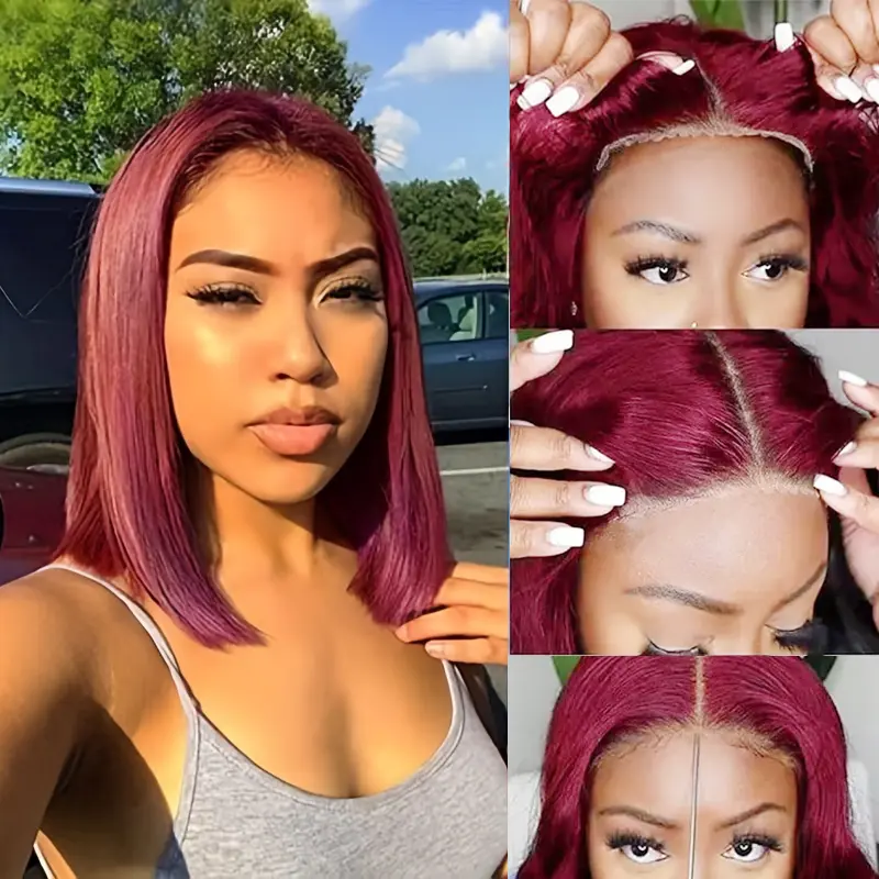 Queen Mary Put On and Go Glueless BOB Wigs 5x5 Human Hair Pre Plucked Pre Cut Straight 99J Burgundy Lace Closure Wig Pre Bleached Ready To Go Human Hair No Glue Short BOB Wigs Wear and Go Wig Beginner Friendly 180% Density