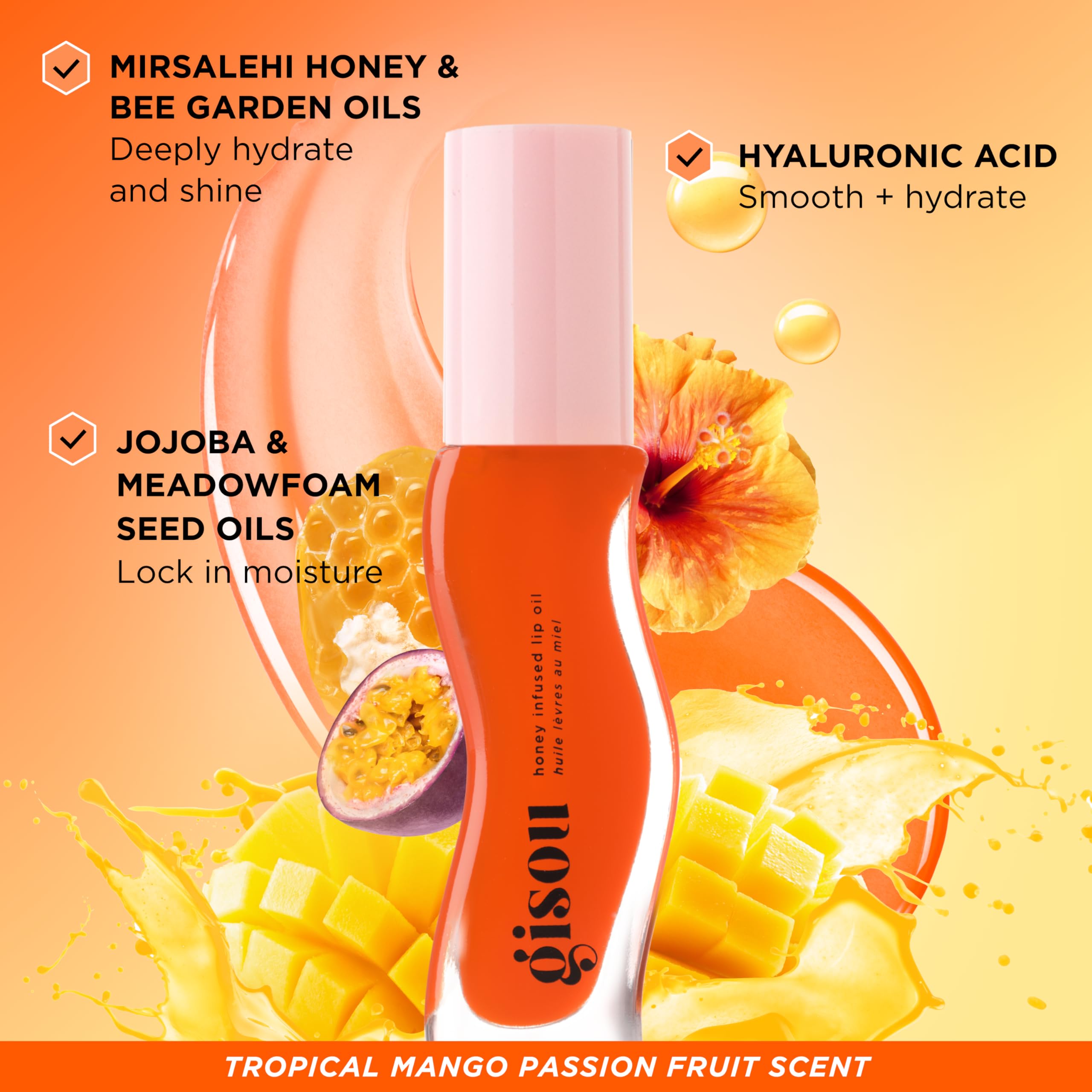 Gisou Infused Lip Oil – Hydrating & Glossy Lip Oil with Jojoba Seed Oil, Non-Sticky Shine, Contain Fresh Honey, Watermelon Sugar, Strawberry Sorbet, Mango Passion Punch, 0.27 Fl Oz