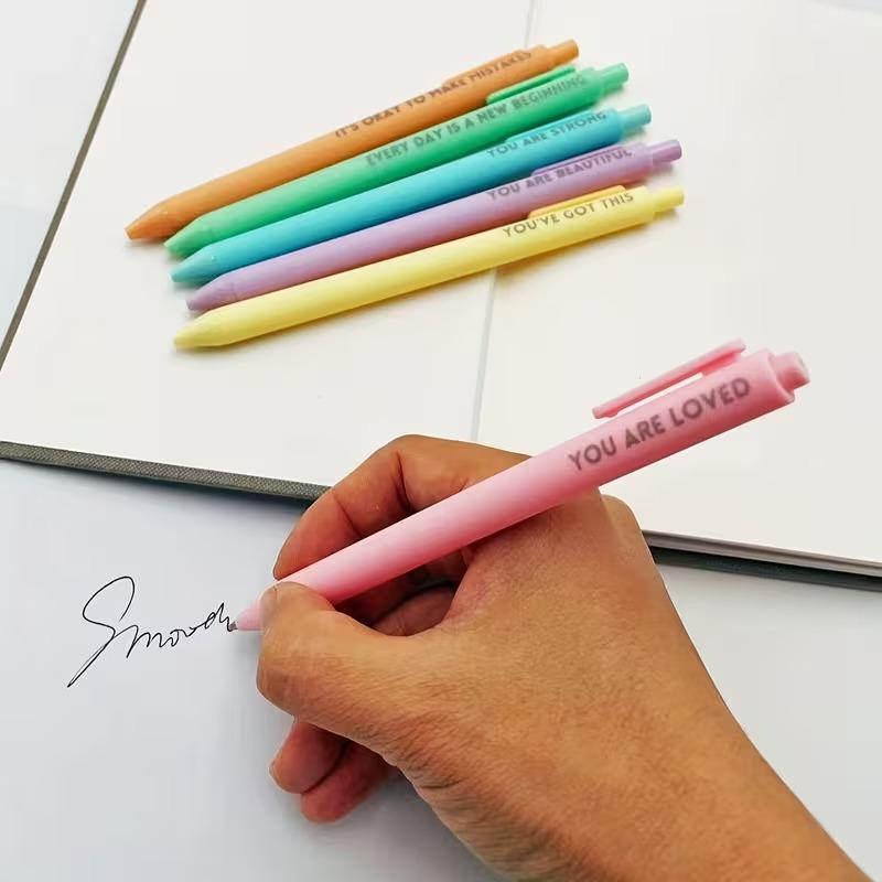 Retractable Inspirational Motivational Rollerball Pens 6-Pack, Medium Point Black Ink Pens with Rubberized Grip & Pocket Clip, Ambidextrous Positive Writing Pens for Journaling, Note Taking, Office & School Supplies