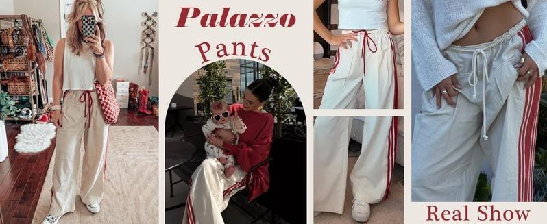 WoodBerry Women's Wide Leg Track Pants Drawstring High Waist Side Stripe Elastic Casual Sweatpants with Pockets Womenswear Slouchy Palazzo Pants