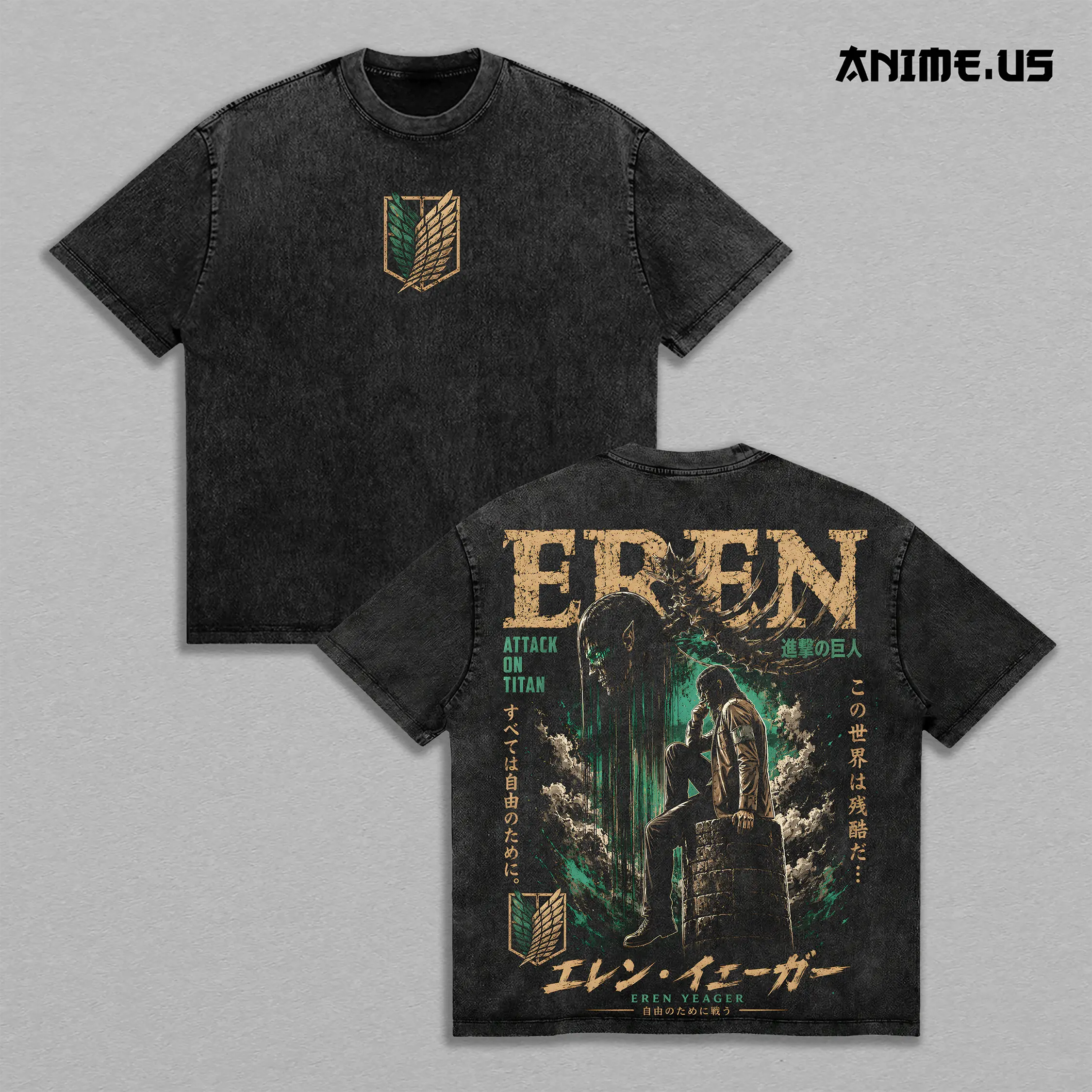 Eren Yeager Attack on Titan Anime Graphic Vintage Shirt, Scout Regiment Attack Titan Freedom Seeker Heavyweight Washed Cotton Anime Tee T-Shirt