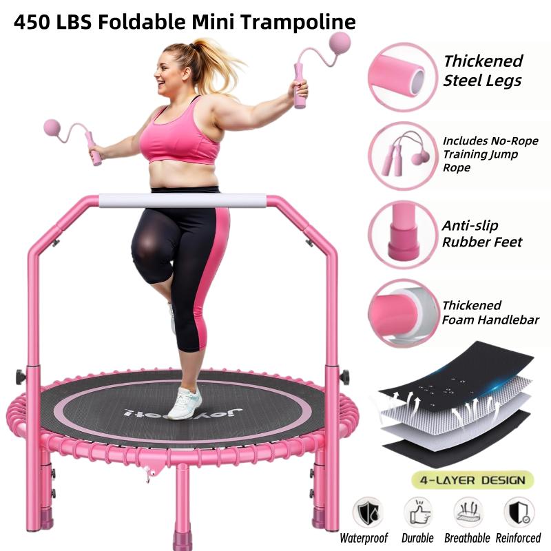 JoySpot 450 LBS Foldable Trampoline, 40 inch Indoor Fitness Rebounder with U-Shape Adjustable Foam Handle, Quiet Bungee Jump System & Cordless Jump Ropes, Indoor fitness, Outdoor fitness, Yoga, Valentine's gift, for Adults