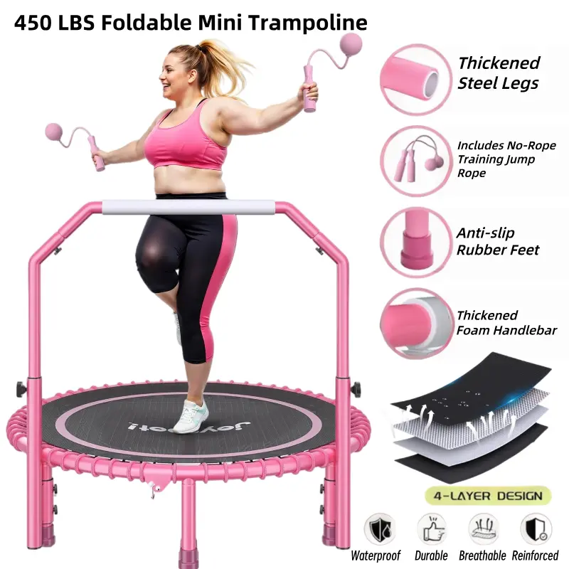 JoySpot 450 LBS Foldable Trampoline, 40 inch Indoor Fitness Rebounder with U-Shape Adjustable Foam Handle, Quiet Bungee Jump System & Cordless Jump Ropes, Indoor fitness, Outdoor fitness, Yoga, Valentine's gift, for Adults