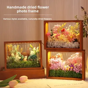 Dried flower photo frame, handmade three-dimensional hollow eternal flower picture frame, DIY material kit, acrylic with lights, solid wood display frame