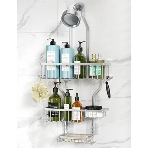 Corner Shower Caddy Hanging - Never Rust Shower Organizer - Aluminum Over The Head Caddy with 10 Hooks for Razor/Sponge - Rack with Soap Basket - Silver