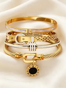4-Piece Luxury Stainless Steel High Quality Bracelet Set, Women's Gold-plated Rhinestone Decorative Stackable Bracelets, Classic Wrist Accessory, Perfect Exquisite Holiday Gift, Trendy Stack Bangle