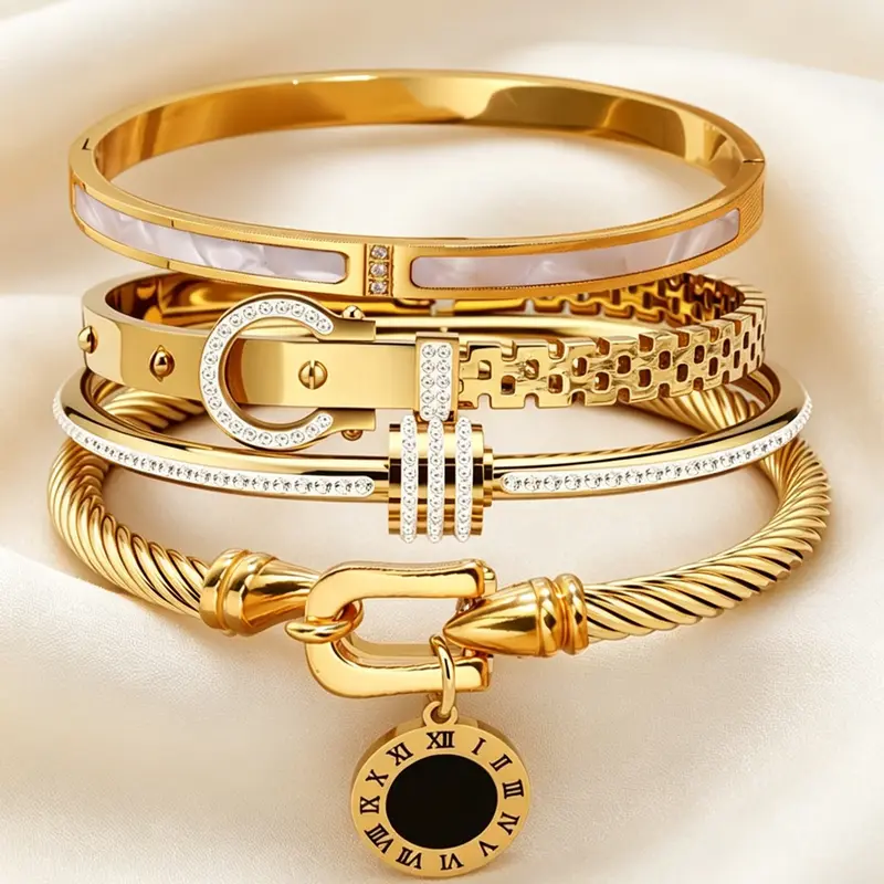 4-Piece Luxury Stainless Steel High-Quality Set, Women's Gold-Plated Rhinestone Decorative Stackable Bracelets, Classic Wrist Accessories, Perfect Exquisite Holiday Gift, Trendy Stack Bangles, Stacked bracelets