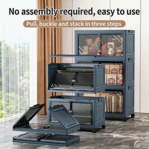 5 Tier Folding Storage Containers with Wheels, Stackable Collapsible Plastic Bins, Durable Organizer for Kitchen Pantry and Closet