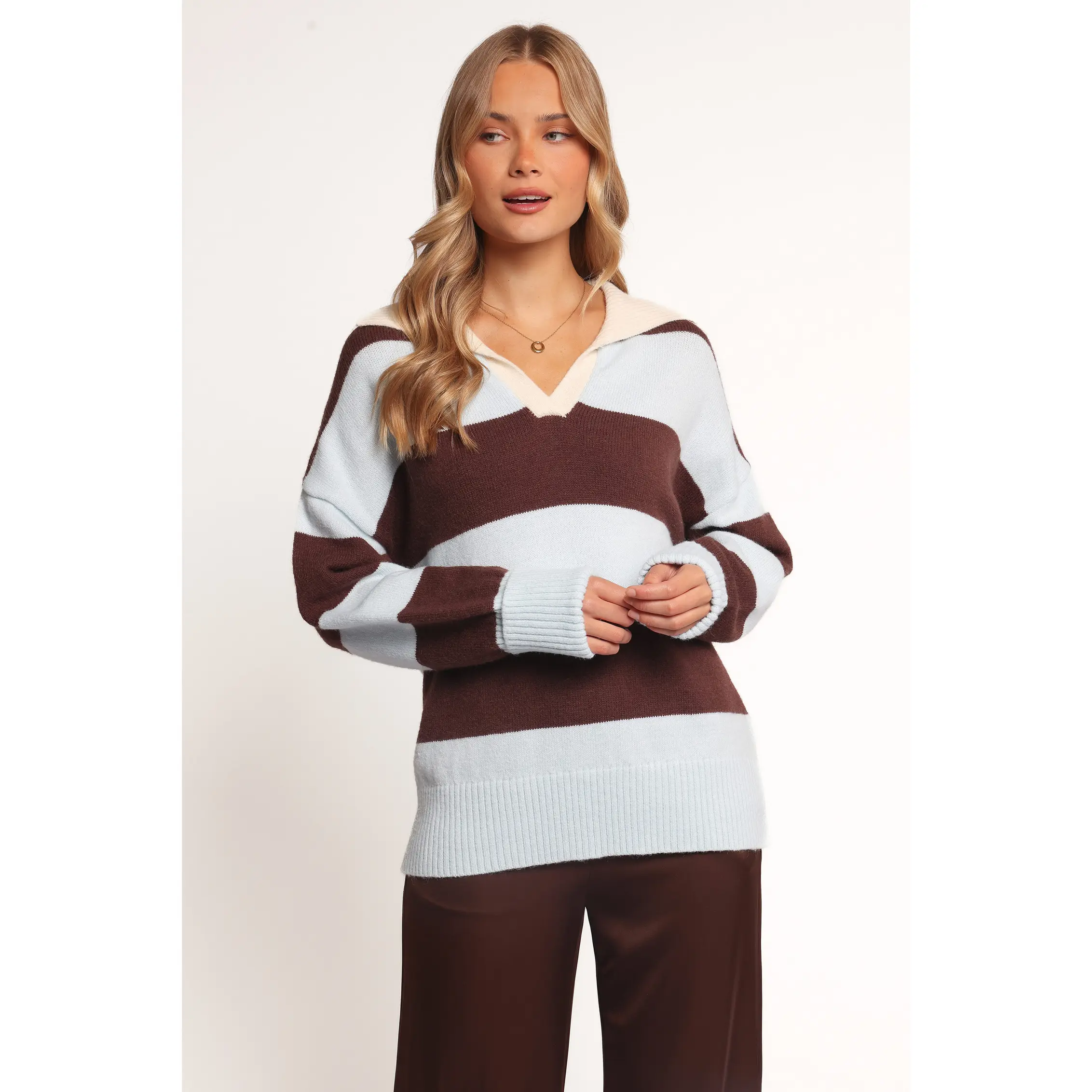 Mikaela Rugby Stripe Knit Sweater - Brown/Blue Stripe
