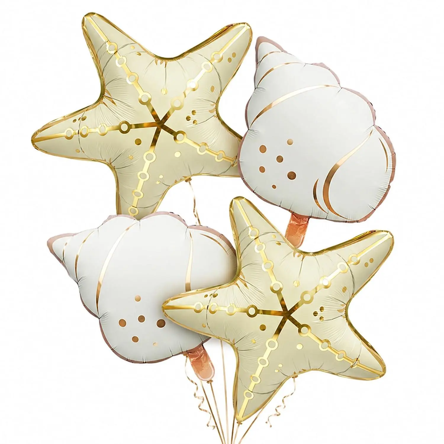 4Pcs Starfish & Conch Shell Balloons, Large Starfish Conch Balloons, Gold Foil Ocean Themed Balloon For Mermaid Birthday, Under The Sea Party, Beach Pool Swim Party Decorations