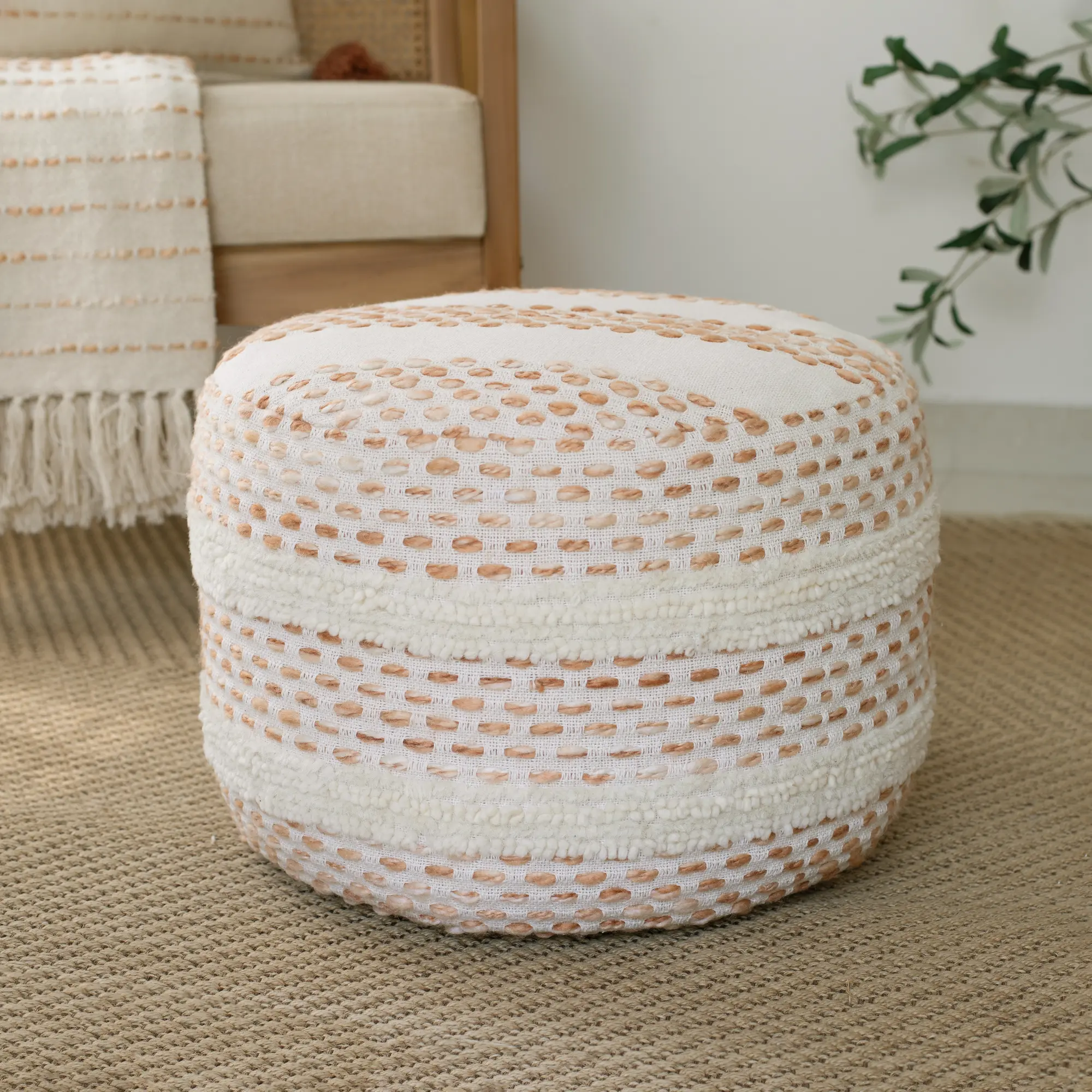 Eleanor Handmade Farmhouse Striped Round Indoor Pouf Ottoman (Adobe, Blue, Beige, Green)