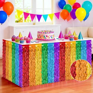 Rainbow Table Skirt, 2Pack Desk Skirts Party Decorations, Colorful Metallic Wavy Tinsel Foil Fringe Table Skirts, Lgbt Rainbow Foil Table Skirt for Birthday Pride Decorations Teacher Pride Month Decor