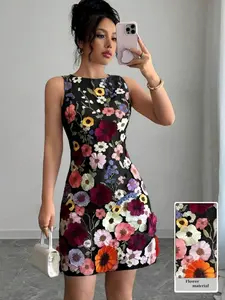 🌸 Floral Embroidered Mini Dress | Sleeveless Slim Fit Chiffon Dress with 3D Colorful Flowers for Spring & Summer Party ✨