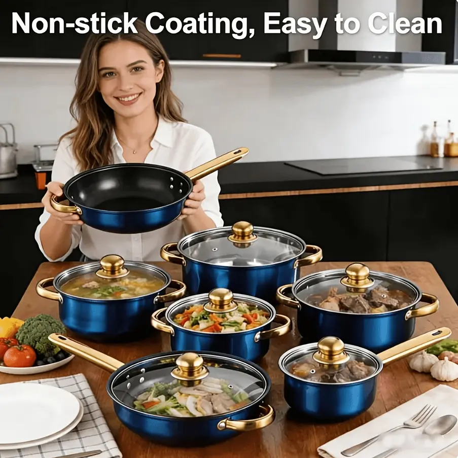 18/12/10pcs Stainless Steel Cookware Set With Golden Handles -Non-Stick, Easy-Clean, Multi-Size Pots & Pans For Induction/Gas/Ceramic Stovetops, Durable & Versatile For Home, Restaurant & Outdoor Use, Restaurant Cooking Utensils | Elegant Kitchenwar
