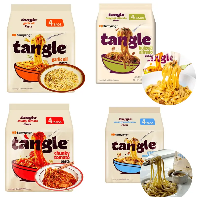SAMYANG TANGLE Creamy Mushroom Pasta - 3.52 oz *4 Bags Low-Calorie High Protein Instant Noodles - Bulgogi Alfredo, Garlic Oil, Chunky Tomato Flavors - Perfect for Quick Meals & Snacks Non-Fried Best-Selling Korean Snack
