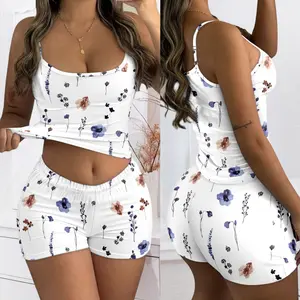 ChicMe Women’s 2 Piece Floral Cami Set-Aesthetic Watercolor Ditsy Print Backless Top & Shorts-Cute Summer Loungewear & Casual Streetwear-Stretchy Slim Fit Slimming Set