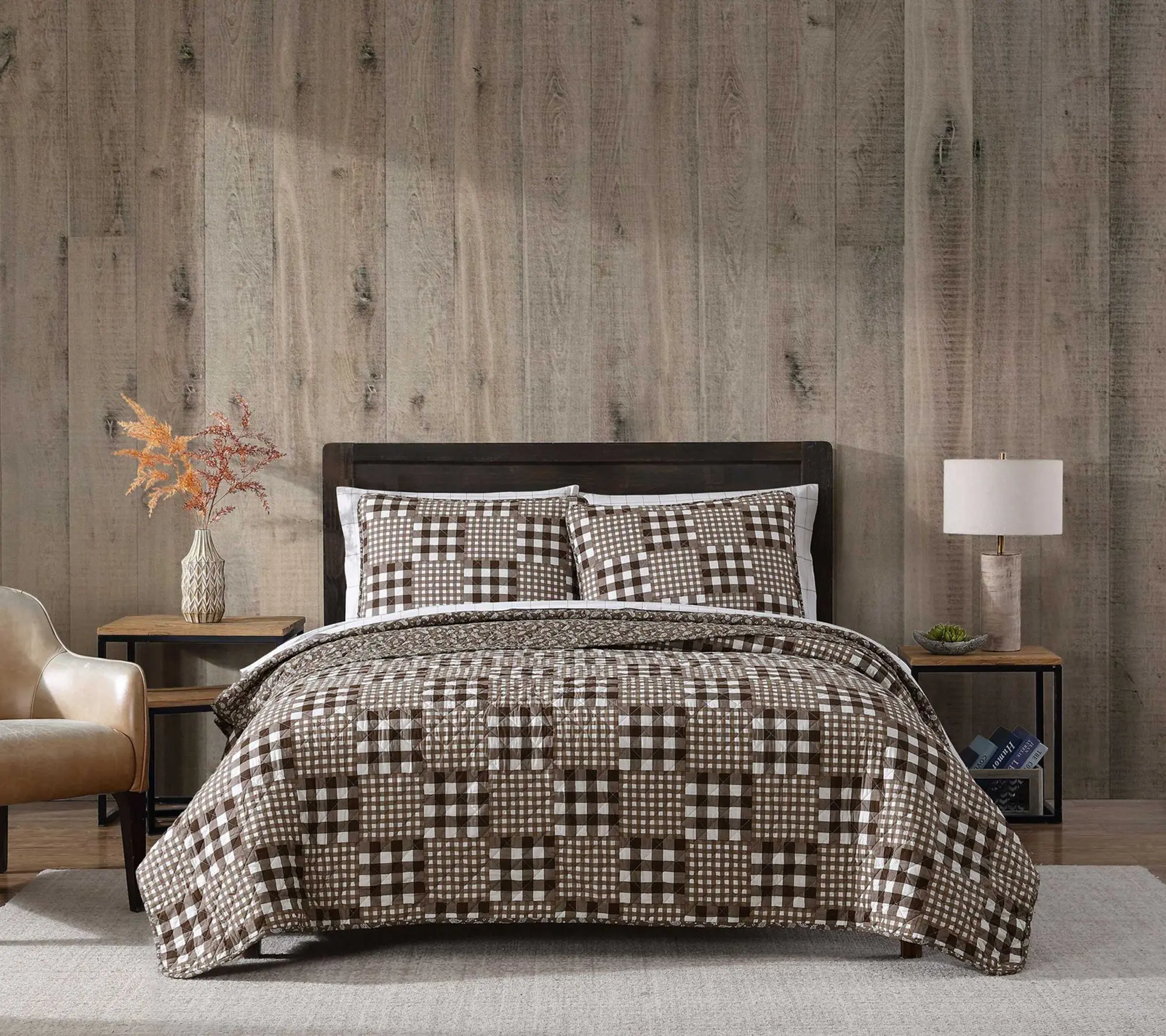 Eddie Bauer Gingham Patchwork Brown Twin Quilt Set