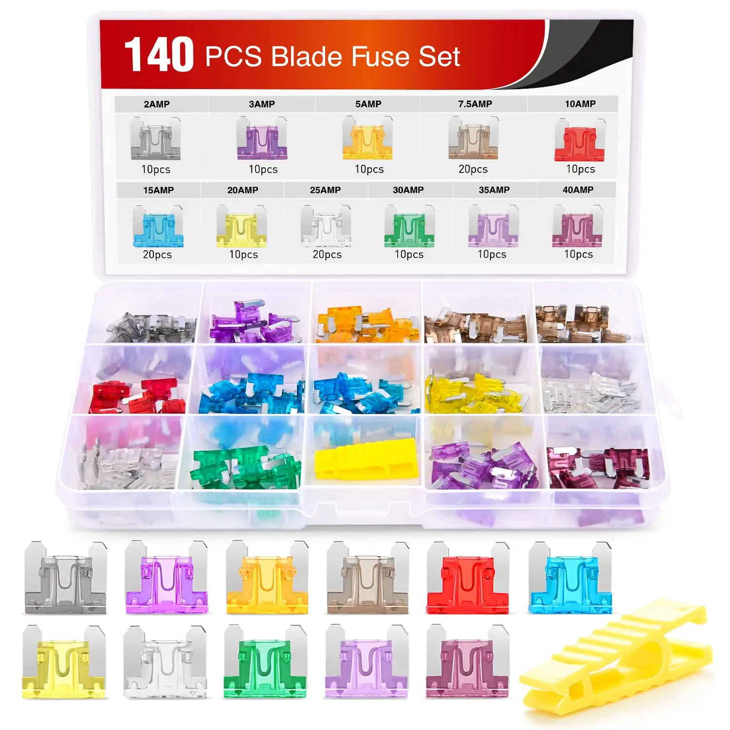 Nilight Low Profile Mini Blade Fuse Assortment (140pcs) - 2A-40A Universal Fit Fuses for Cars, Boats, Golf Cars - Protects Radio, Turn Signals & Components from Short Circuit, Overload, Blow Off - Storage Box Included, Automotive
