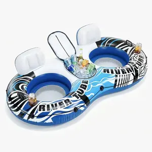 Comfortable 2-Person Inflatable River Float with Backrest & Cooling Mesh Bottom – Includes Removable Cooler and 2 Cup Holders – Spacious 90" Lake Pool Tube for Two Adults with Sturdy Handles and Connecting Rope for Group Floating