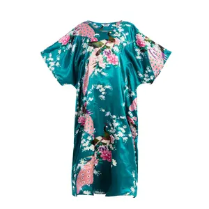 Asian Flower Peacock Satin Silk Kimono Dress, Nightgown, Dressing Gown