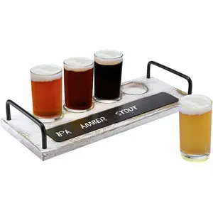 4 Glass Beer Flight Serving Tray with Whitewashed Wood Board and Black Metal Handles, Chalkboard Label, Sampling Glasses