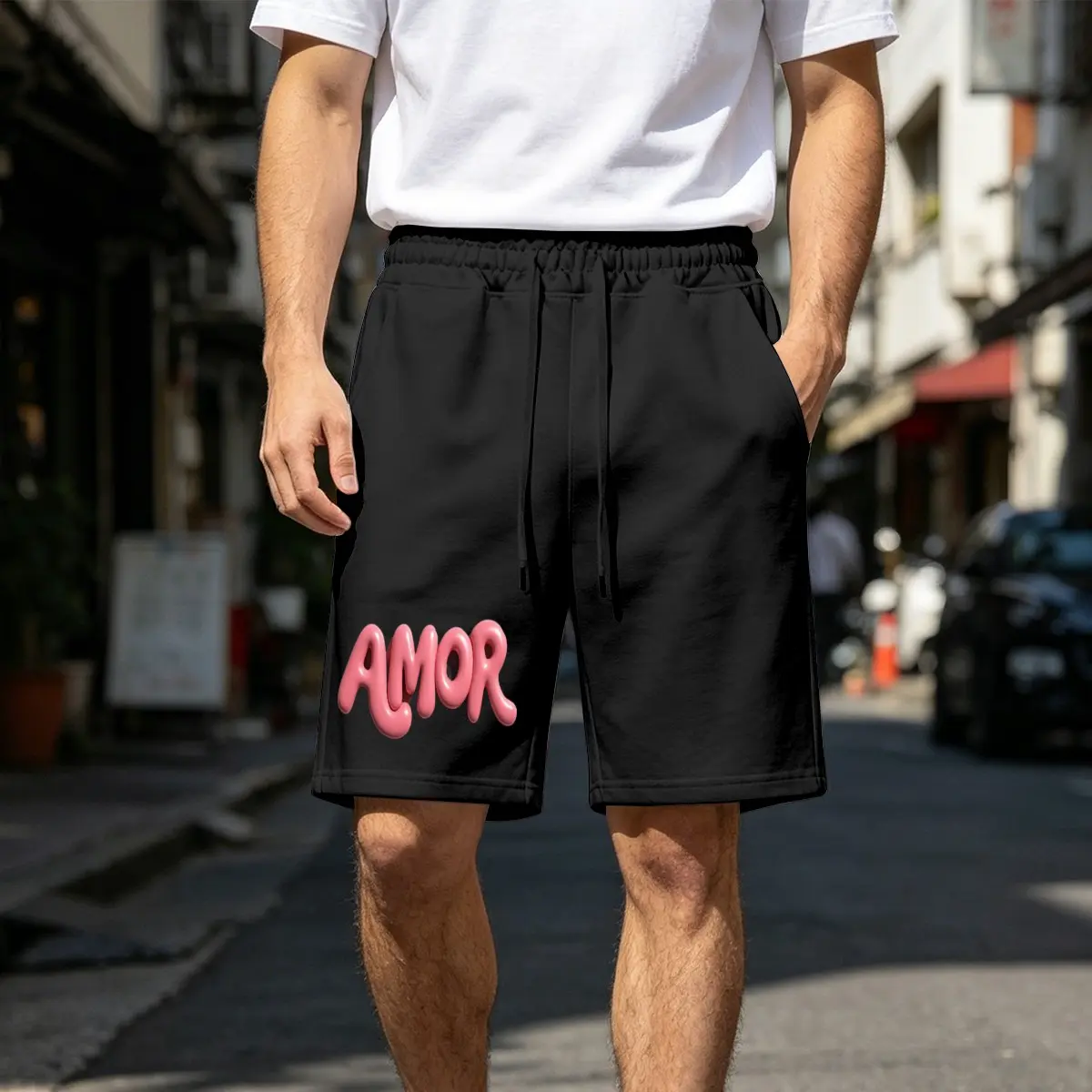 Unisex Streetwear Sweat Shorts with 3D Inflated 'AMOR' Graphic, Casual Summer Active Shorts with an Elastic Waist and Pockets, Elastic Waist Shorts, Fitted Cut