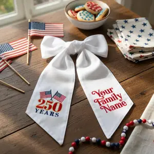 Personalized Patriotic Wreath Sash – Embroidered America 250 Door Bow Decor, Custom Family Name Ribbon