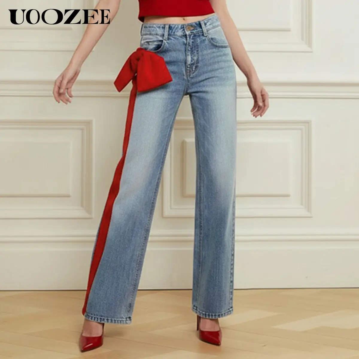UOOZEE Women's Streetwear Garments: High-Waist Wide-Leg Cotton Jeans with Side Stripe & Bow, Pairs with a Silk Camisole or Hoodie, Polyester, Jacket