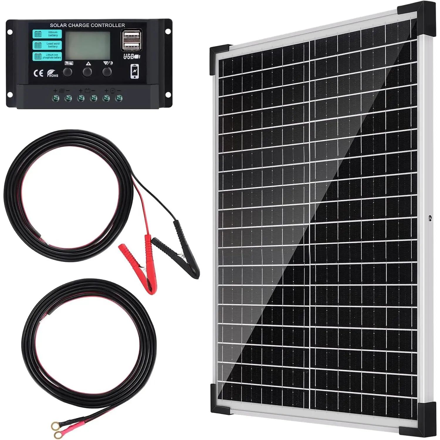Solar Panel Kit 25W 12V Monocrystalline  Maintainer with10A Solar Charge Controller and Extension  with  Clips O-Ring Terminal for RV Trailer Boat Off Grid System