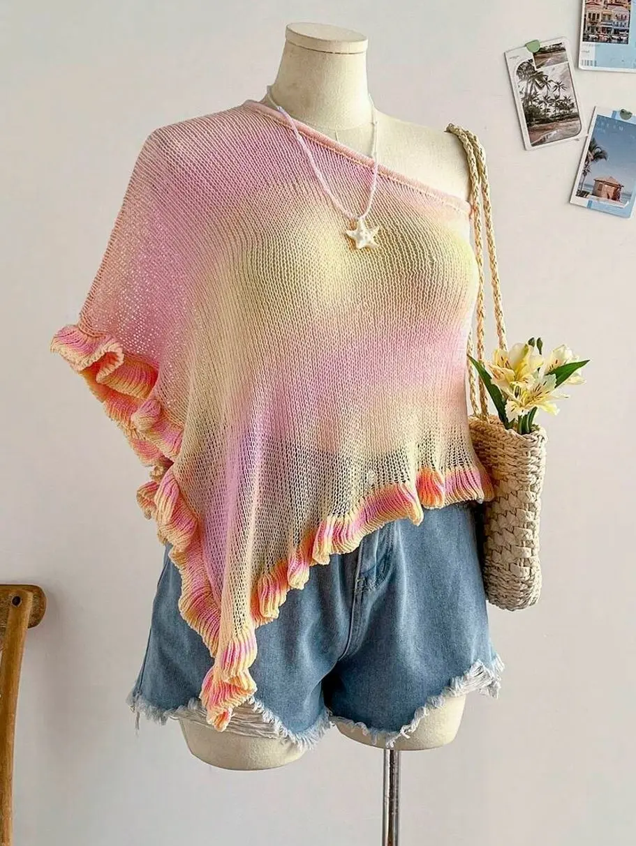 Rainbow Gradient Ruffle Hem Sweater, Long Sleeve Lightweight Knit Top, Stylish Casual Holiday Blouse