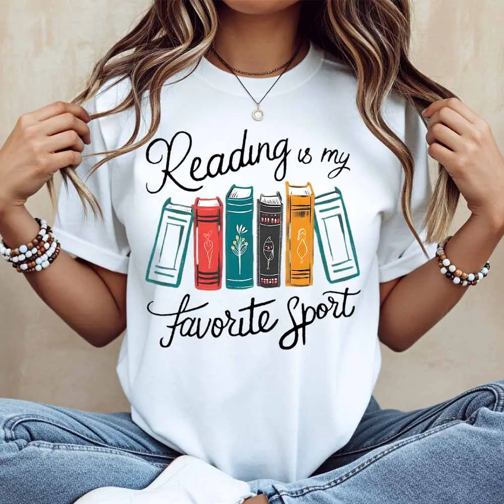 Reading Is My Favorite Sport Book Design T Shirt Women Casual Short Sleeve Top Summer Graphic Tee For Book Lovers And Readers