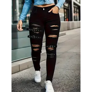 Women's-Waisted Distressed Black Color Ripped Jeans With, Style Skinny Pants/Fall
